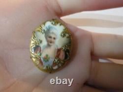 Antique Hand Painted Porcelain Portrait Pendant Brooch Lady Cameo Gilt Gold