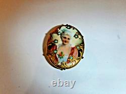 Antique Hand Painted Porcelain Portrait Pendant Brooch Lady Cameo Gilt Gold