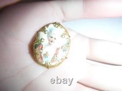 Antique Hand Painted Porcelain Portrait Pendant Brooch Lady Cameo Gilt Gold