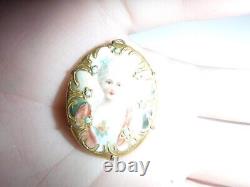 Antique Hand Painted Porcelain Portrait Pendant Brooch Lady Cameo Gilt Gold