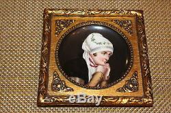 Antique Hand Painted Porcelain Portrait Plate Elegant Woman Holding Hands Gilded