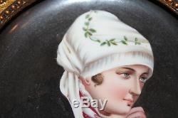 Antique Hand Painted Porcelain Portrait Plate Elegant Woman Holding Hands Gilded