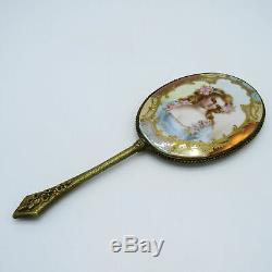 Antique Hand Painted Porcelain and Bronze Dresser Hand Mirror, Beveled
