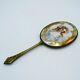 Antique Hand Painted Porcelain And Bronze Dresser Hand Mirror, Beveled