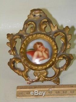 Antique Hand Painted Raphael Cherub Porcelain Plaque Florentine Gilded Frame