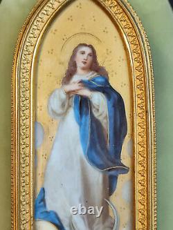 Antique Hand Painted Religious Porcelain Wall Plaque Virgin Mary