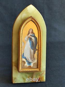 Antique Hand Painted Religious Porcelain Wall Plaque Virgin Mary