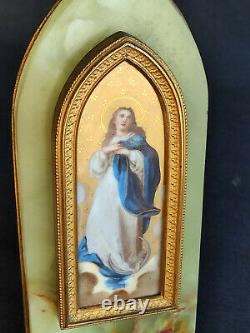 Antique Hand Painted Religious Porcelain Wall Plaque Virgin Mary