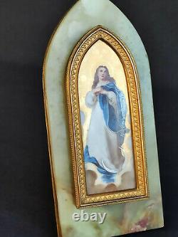 Antique Hand Painted Religious Porcelain Wall Plaque Virgin Mary