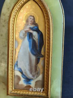 Antique Hand Painted Religious Porcelain Wall Plaque Virgin Mary