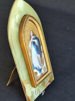 Antique Hand Painted Religious Porcelain Wall Plaque Virgin Mary