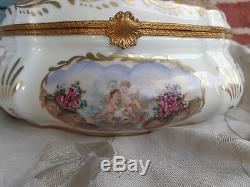 Antique Hand Painted Signed Sevres Cherub Roses Floral Porcelain Dresser Box 9