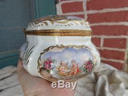 Antique Hand Painted Signed Sevres Cherub Roses Floral Porcelain Dresser Box 9