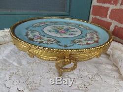 Antique Hand Painted Signed Sevres Roses Floral Porcelain Plateau Ormolu Tray