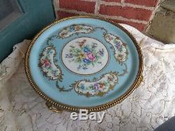 Antique Hand Painted Signed Sevres Roses Floral Porcelain Plateau Ormolu Tray