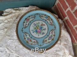 Antique Hand Painted Signed Sevres Roses Floral Porcelain Plateau Ormolu Tray