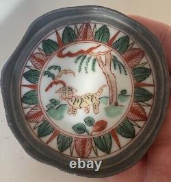 Antique Hand Painted Tiger Scenery porcelain & pewter chinese Dish Trinket Dish