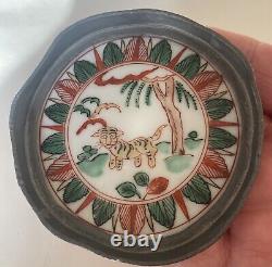 Antique Hand Painted Tiger Scenery porcelain & pewter chinese Dish Trinket Dish