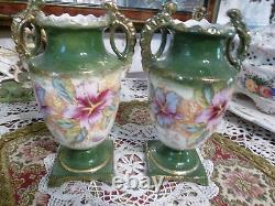 Antique Hand Painted porcelain Urn Vase with Handles Green Leaves Pink Flowers