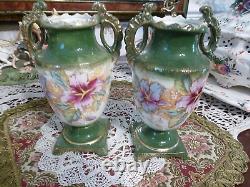 Antique Hand Painted porcelain Urn Vase with Handles Green Leaves Pink Flowers