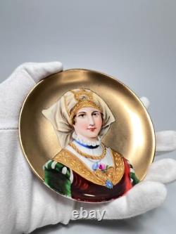 Antique Hand-painted Lady Portrait Porcelain Gild Trinket Dish Plate Tray 4.5
