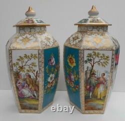 Antique Helena Wolfsohn Dresden Vases Hand Painted Watteau Style Hexagonal Shape