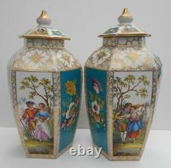 Antique Helena Wolfsohn Dresden Vases Hand Painted Watteau Style Hexagonal Shape