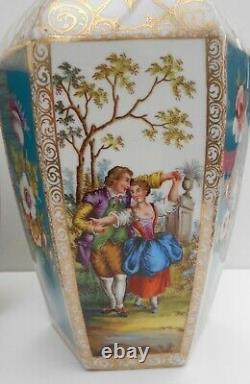 Antique Helena Wolfsohn Dresden Vases Hand Painted Watteau Style Hexagonal Shape