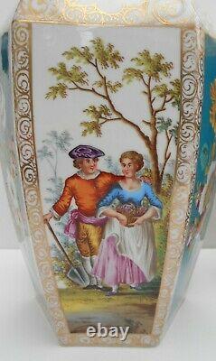 Antique Helena Wolfsohn Dresden Vases Hand Painted Watteau Style Hexagonal Shape