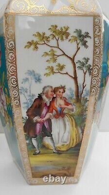 Antique Helena Wolfsohn Dresden Vases Hand Painted Watteau Style Hexagonal Shape