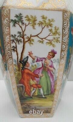 Antique Helena Wolfsohn Dresden Vases Hand Painted Watteau Style Hexagonal Shape