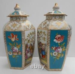 Antique Helena Wolfsohn Dresden Vases Hand Painted Watteau Style Hexagonal Shape