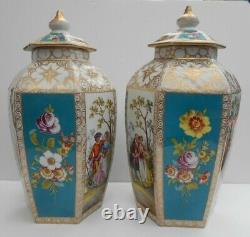 Antique Helena Wolfsohn Dresden Vases Hand Painted Watteau Style Hexagonal Shape