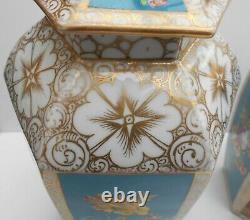 Antique Helena Wolfsohn Dresden Vases Hand Painted Watteau Style Hexagonal Shape