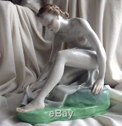 Antique Herend Nude Lady Female Signed Handpainted Porcelain Figurine Art Statue
