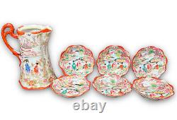 Antique Japanese Geisha Girl Hand Painted Porcelain Chocolate Pot 6 Small Bowls