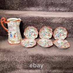 Antique Japanese Geisha Girl Hand Painted Porcelain Chocolate Pot 6 Small Bowls