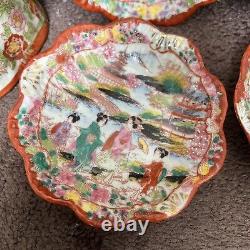 Antique Japanese Geisha Girl Hand Painted Porcelain Chocolate Pot 6 Small Bowls