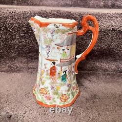 Antique Japanese Geisha Girl Hand Painted Porcelain Chocolate Pot 6 Small Bowls