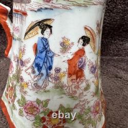 Antique Japanese Geisha Girl Hand Painted Porcelain Chocolate Pot 6 Small Bowls