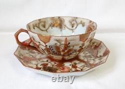 Antique Japanese Kutani Hand Painted Porcelain Cup & Saucer Signed To Base