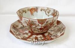 Antique Japanese Kutani Hand Painted Porcelain Cup & Saucer Signed To Base