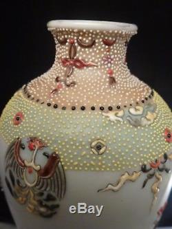 Antique Japanese tall Vase flowers Hand-Painted Porcelain w Moriage C1891