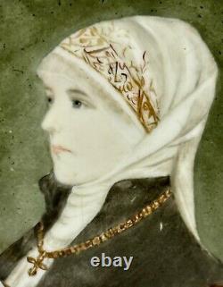 Antique KPM Hand Painted Portrait Plaque of Woman Head Scarf & Cross Necklace
