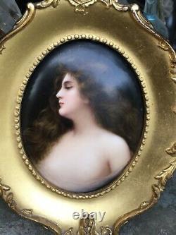 Antique Kpm Hand Painted Porcelain Plaque Partially Nude Lady Erbluht Gilt Frame