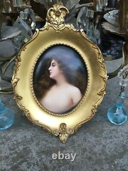 Antique Kpm Hand Painted Porcelain Plaque Partially Nude Lady Erbluht Gilt Frame