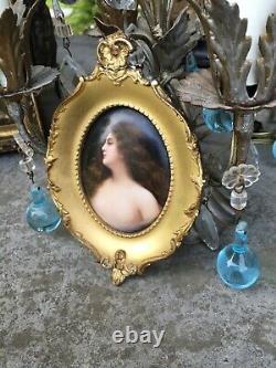 Antique Kpm Hand Painted Porcelain Plaque Partially Nude Lady Erbluht Gilt Frame