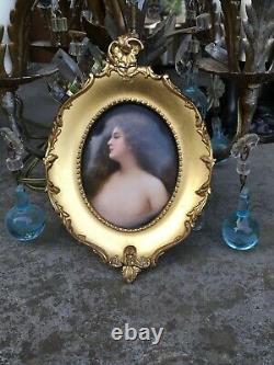 Antique Kpm Hand Painted Porcelain Plaque Partially Nude Lady Erbluht Gilt Frame