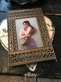 Antique Kpm Style Porcelain Portrait Lady Plaque Framed Marked 107 Handpainted