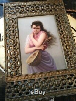 Antique Kpm Style Porcelain Portrait Lady Plaque Framed Marked 107 Handpainted